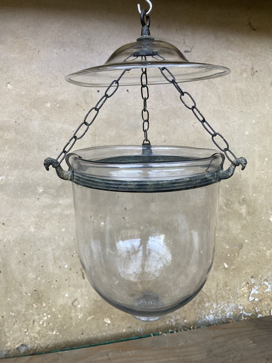 Lantern And Its Smoke-proof Top In Translucent Blown Glass - Chains And Fixing In Brass, Bronze Aspect - Glassware Early 19th -photo-8