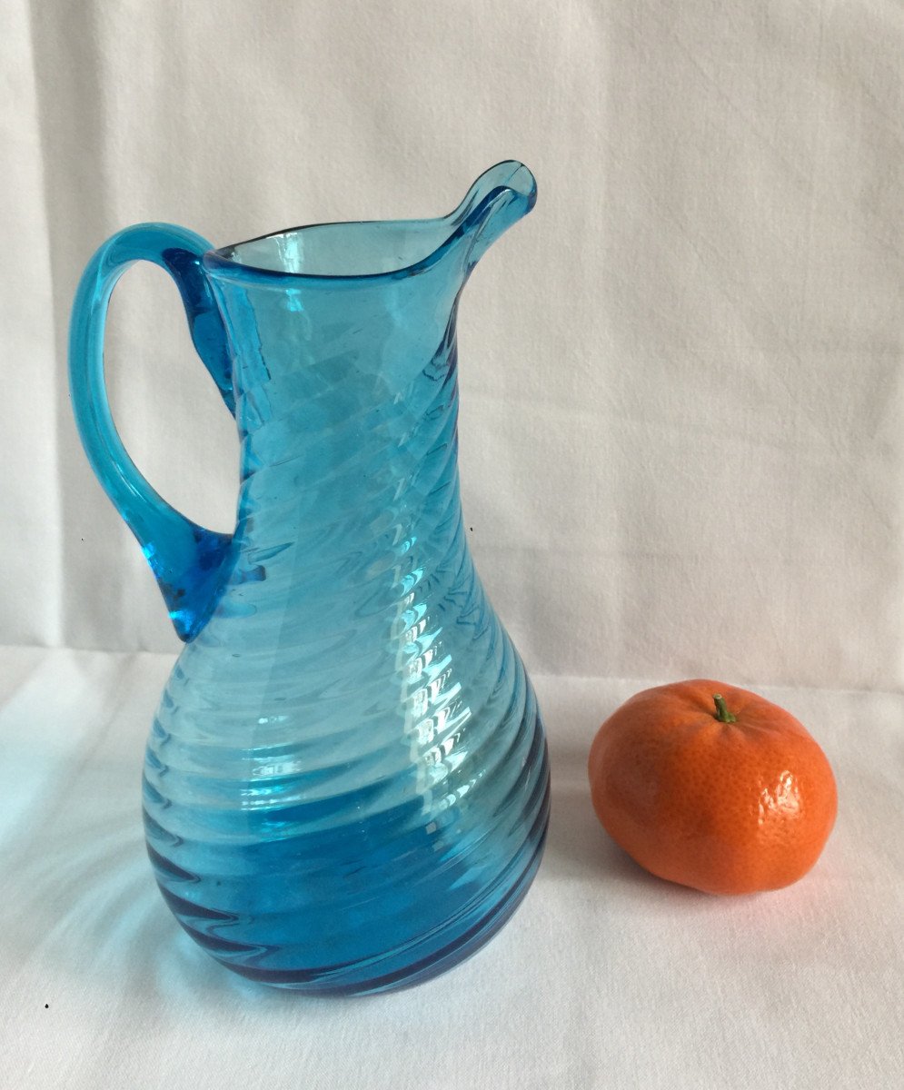 Carafe Pichet Normand En Verre Soufflé De Couleur Bleu Vif Verrerie De Normandie XIXème Art Populaire-photo-6