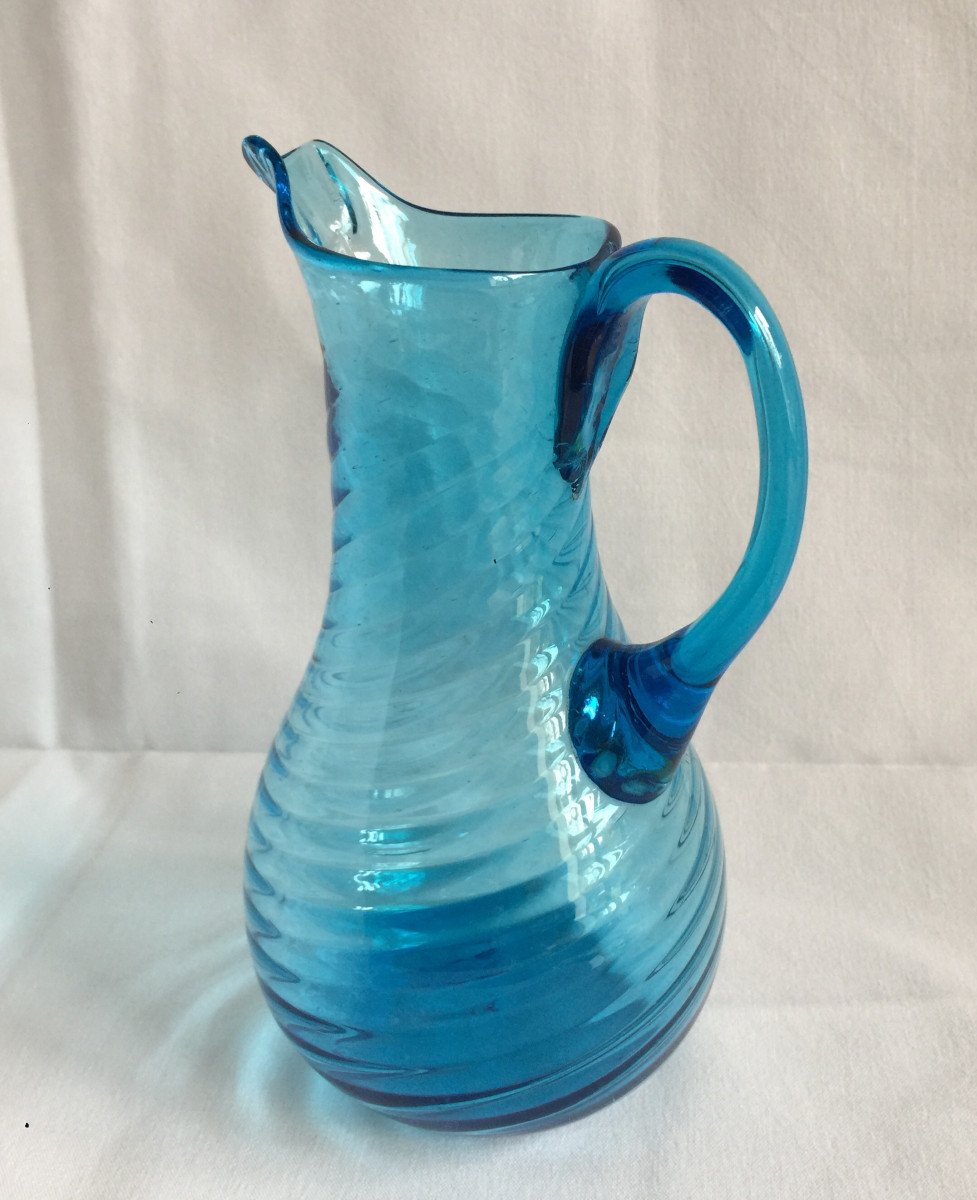 Carafe Pichet Normand En Verre Soufflé De Couleur Bleu Vif Verrerie De Normandie XIXème Art Populaire-photo-8