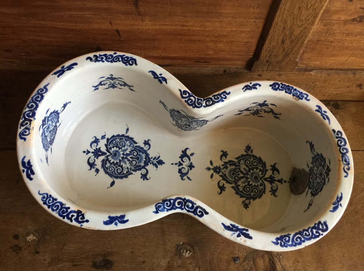 18th Earthenware Basin (louis XIV Period) From Lille Or Rouen With Blue Camaieu Decoration-photo-7