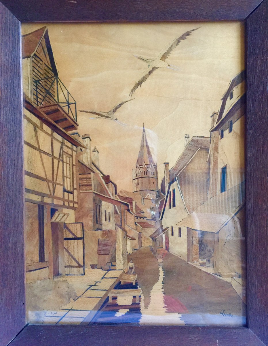 Marquetry Painting By Adrien Lux - Under Glass - Oak Frame - All Original - Alsace Wissembourg-photo-2