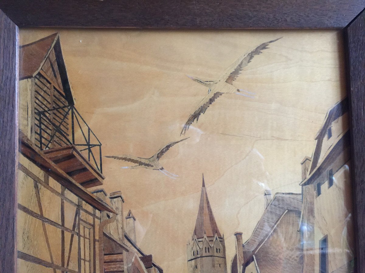 Marquetry Painting By Adrien Lux - Under Glass - Oak Frame - All Original - Alsace Wissembourg-photo-4