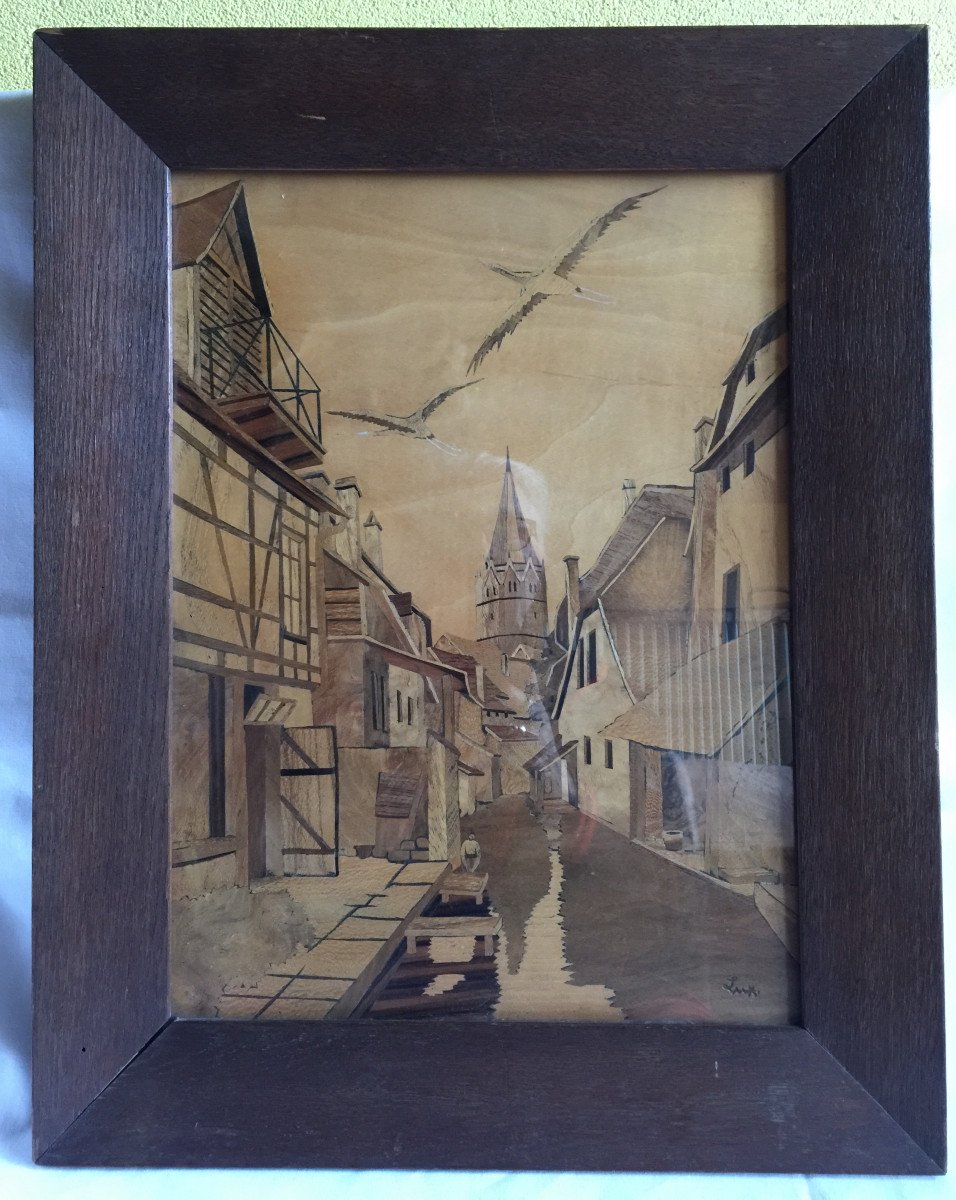 Marquetry Painting By Adrien Lux - Under Glass - Oak Frame - All Original - Alsace Wissembourg-photo-2
