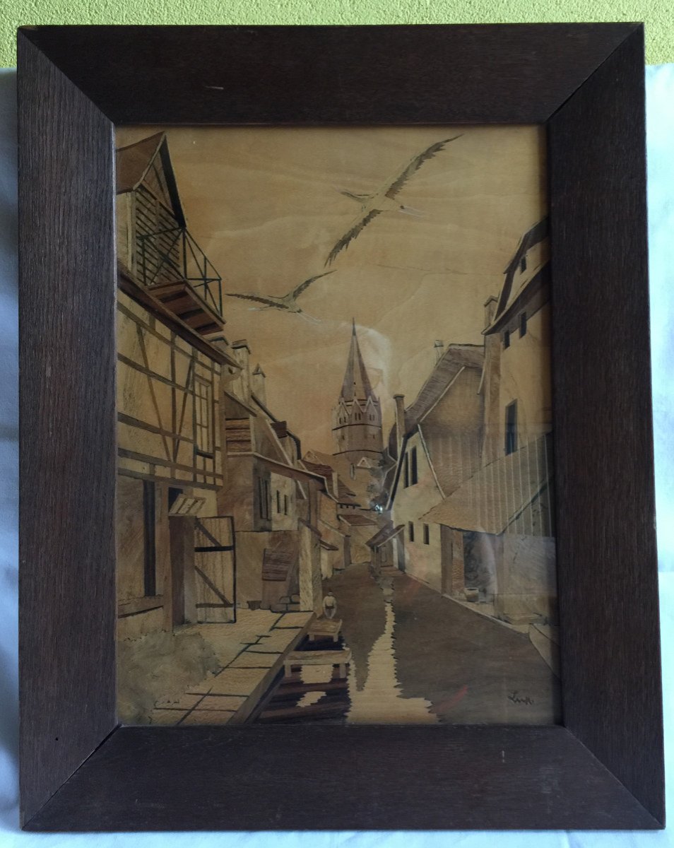 Marquetry Painting By Adrien Lux - Under Glass - Oak Frame - All Original - Alsace Wissembourg-photo-4