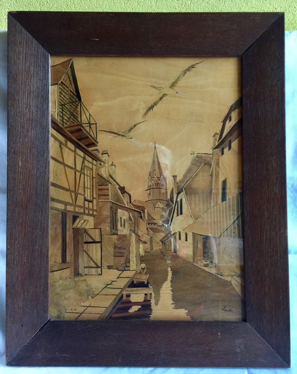 Marquetry Painting By Adrien Lux - Under Glass - Oak Frame - All Original - Alsace Wissembourg