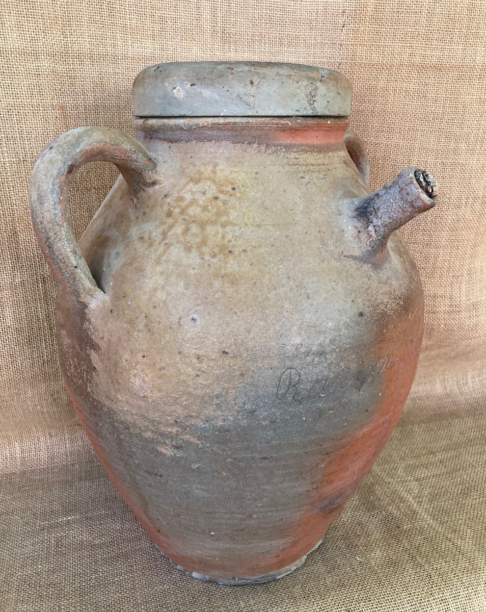 Patronymic Vinegar Jar Raviser Leson Name - Pottery With Lid - Sandstone From Puisaye Nineteenth - Folk Art-photo-3
