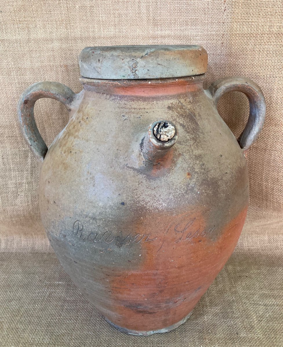 Patronymic Vinegar Jar Raviser Leson Name - Pottery With Lid - Sandstone From Puisaye Nineteenth - Folk Art-photo-1
