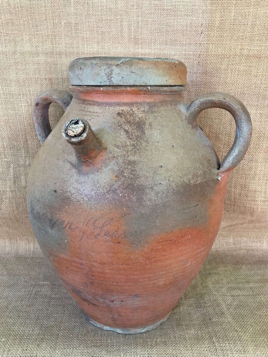 Patronymic Vinegar Jar Raviser Leson Name - Pottery With Lid - Sandstone From Puisaye Nineteenth - Folk Art-photo-6