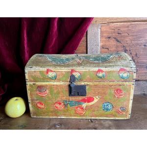 Norman Chest Trunk Of Rouen Wedding Box In Painted Wood - Folk Art From Normandy Early XIXth