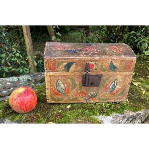 Norman Box Trunk From Rouen Wedding Chest In Painted Wood - Popular Folk Art Normandy Late XVIIIth