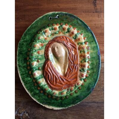 Polychrome Glazed Earthware Medallion - Virgin Normandy Early 19th (or Earlier) Martincamp?