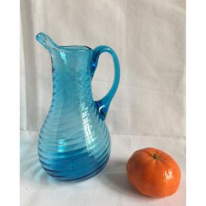 Carafe Pichet Normand En Verre Soufflé De Couleur Bleu Vif Verrerie De Normandie XIXème Art Populaire