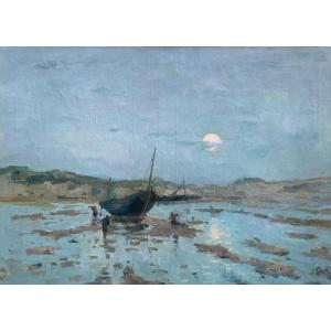 Lucien Frank (1857-1920) "la Panne Under The Moon" Oil On Canvas Cm 60 X 84