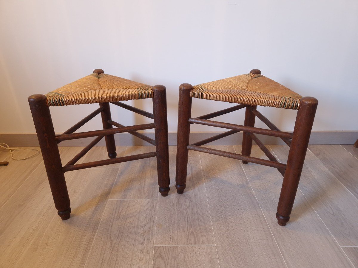 Pair Of Straw Tripod Stools In The Style Of Charlotte Perriand-photo-2
