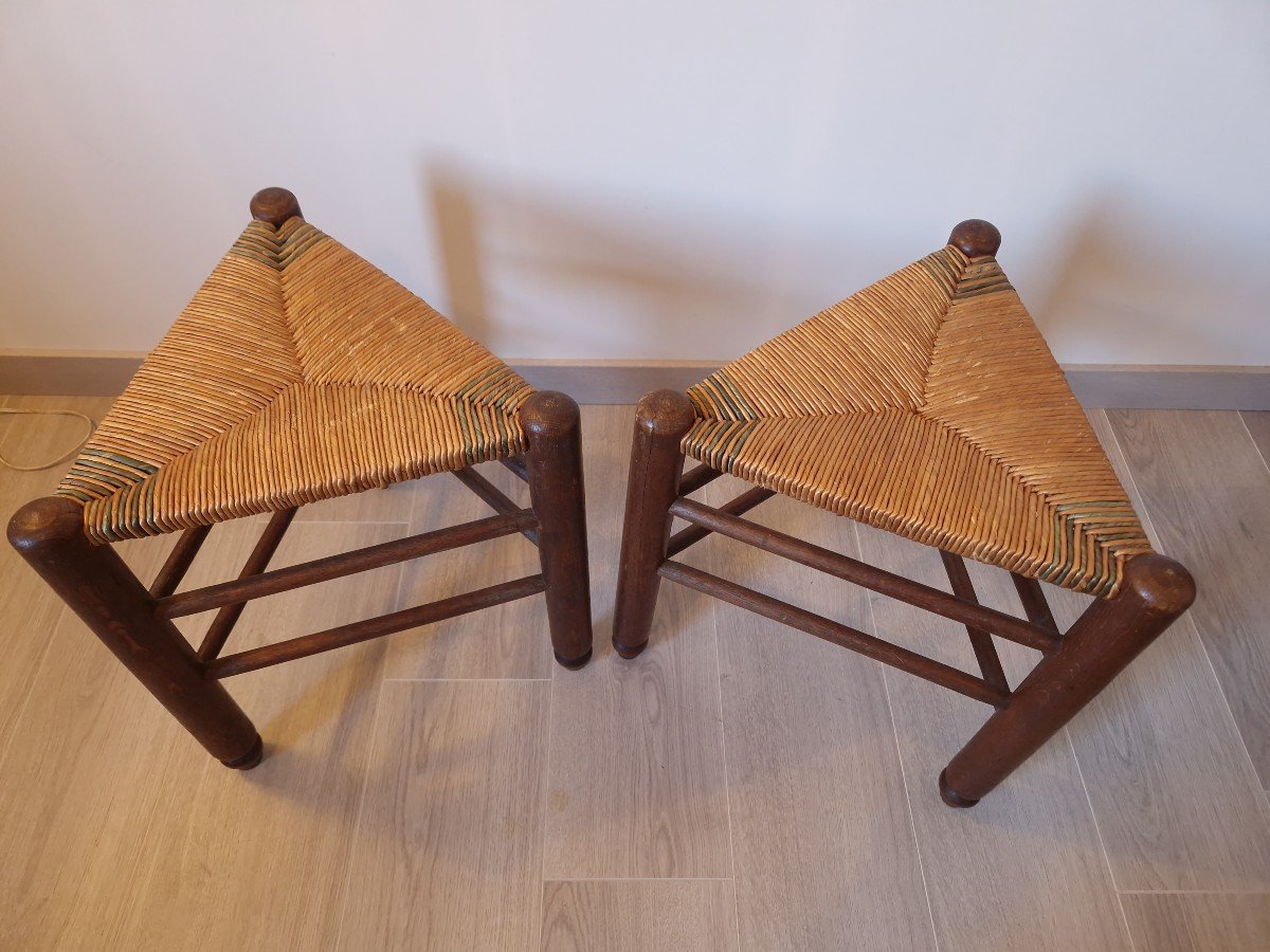 Pair Of Straw Tripod Stools In The Style Of Charlotte Perriand-photo-3