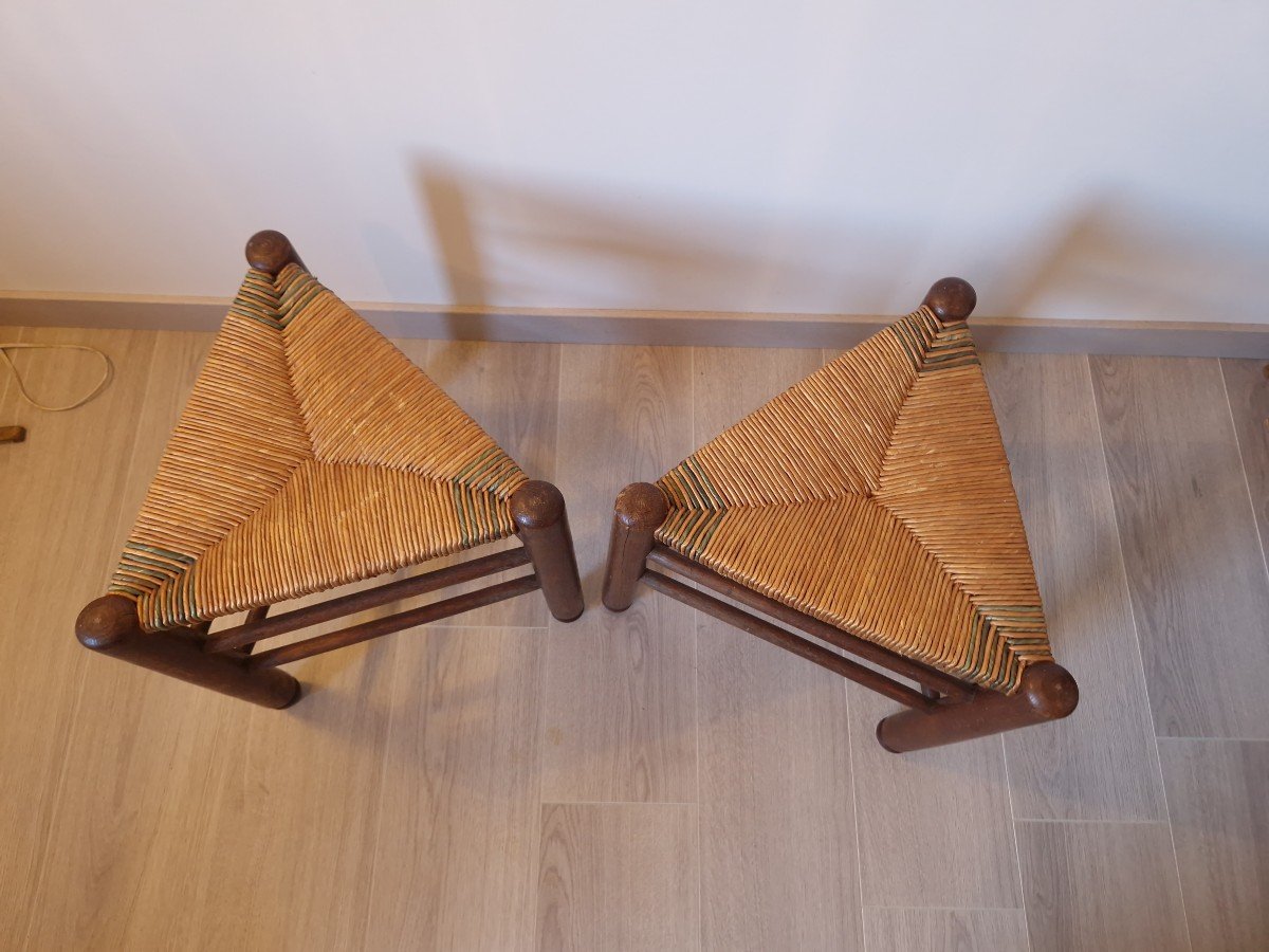 Pair Of Straw Tripod Stools In The Style Of Charlotte Perriand-photo-4