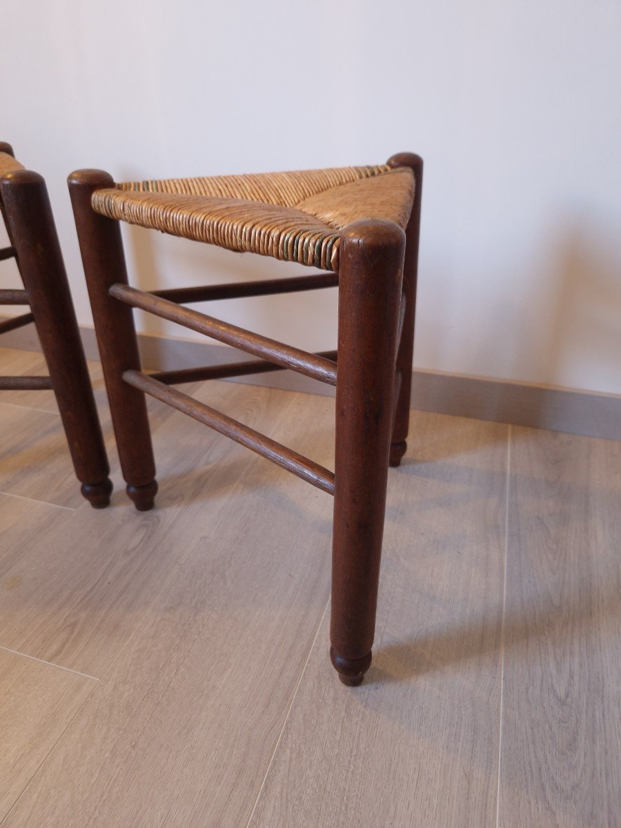 Pair Of Straw Tripod Stools In The Style Of Charlotte Perriand-photo-1