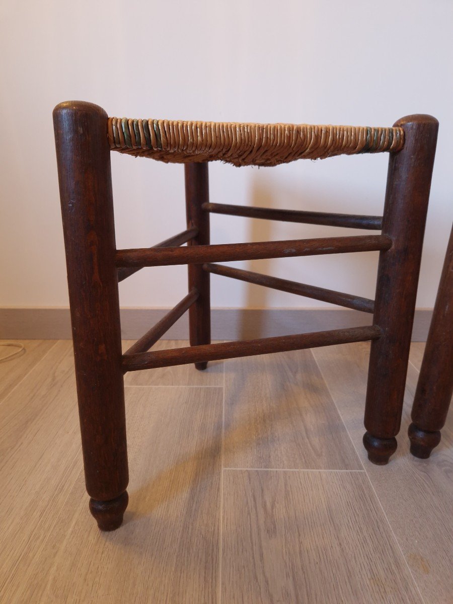 Pair Of Straw Tripod Stools In The Style Of Charlotte Perriand-photo-3
