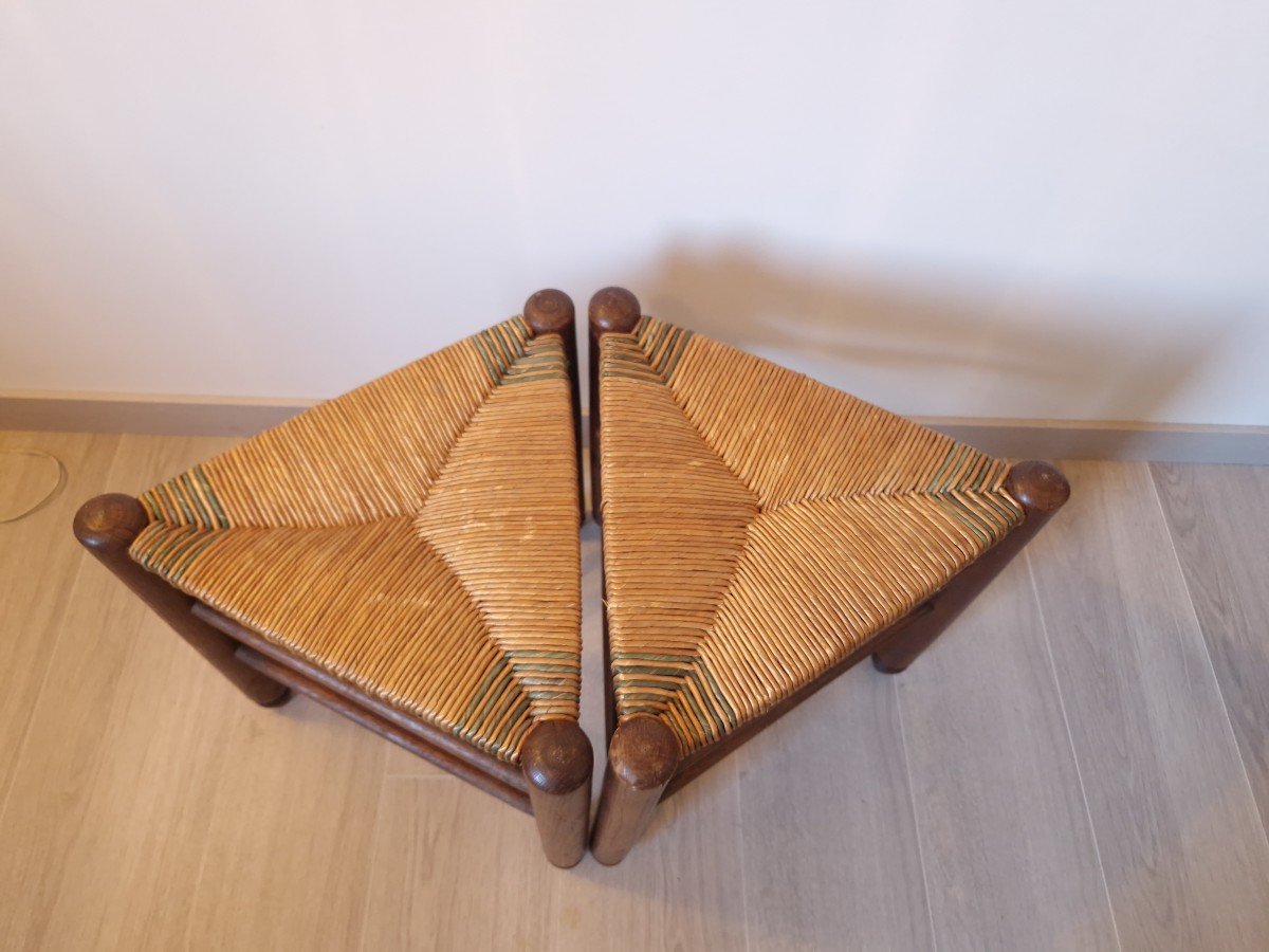 Pair Of Straw Tripod Stools In The Style Of Charlotte Perriand-photo-6