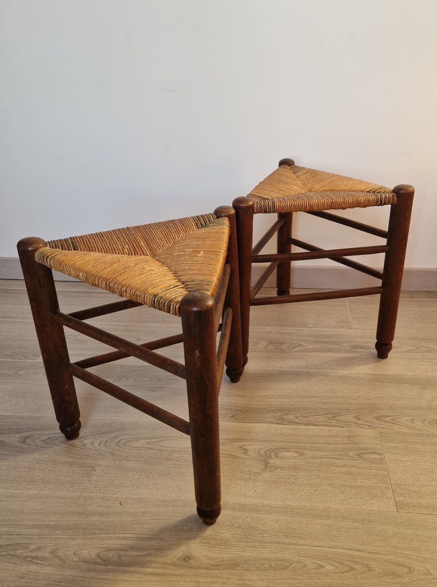 Pair Of Straw Tripod Stools In The Style Of Charlotte Perriand