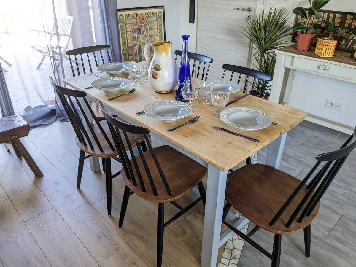 Sky Blue And Light Wood Farm Table Early 20th Century 138 Cm-photo-2