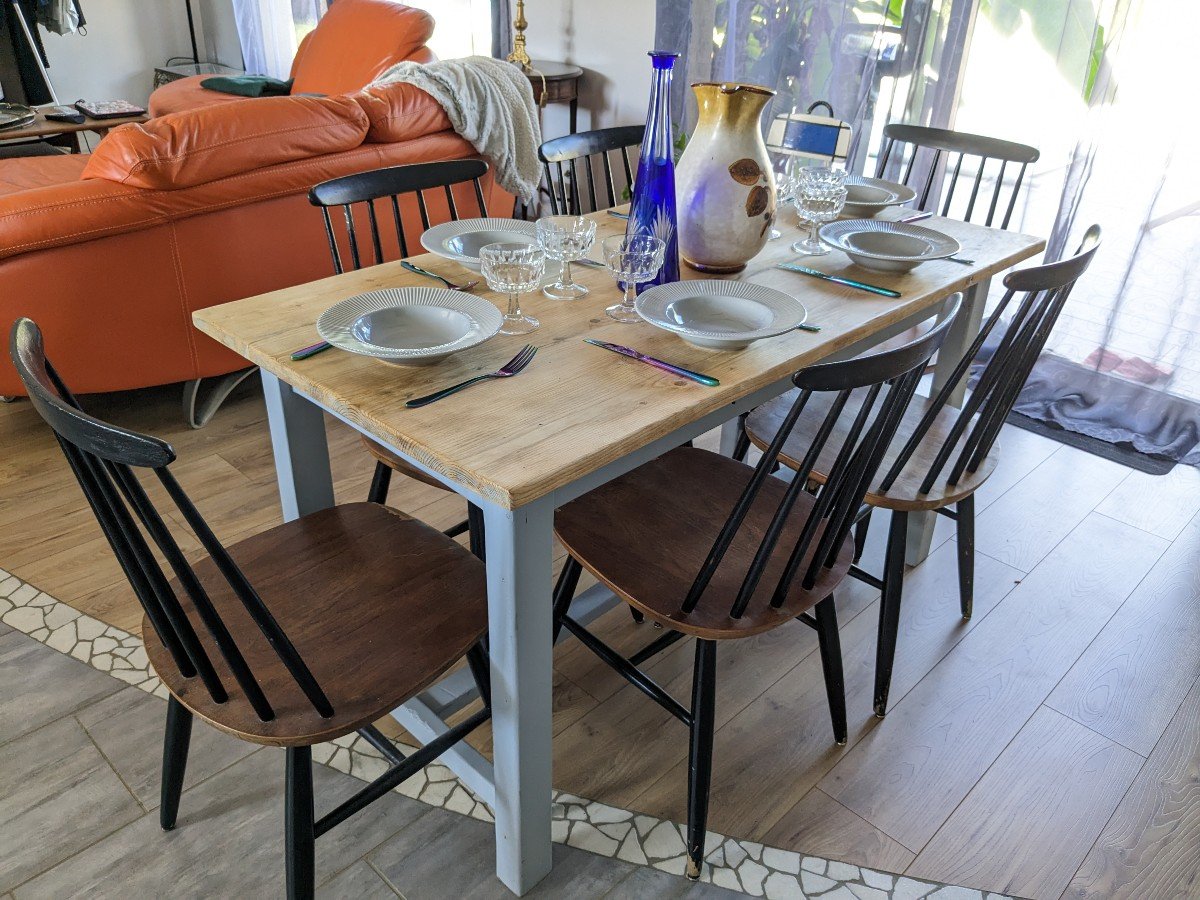 Sky Blue And Light Wood Farm Table Early 20th Century 138 Cm-photo-3