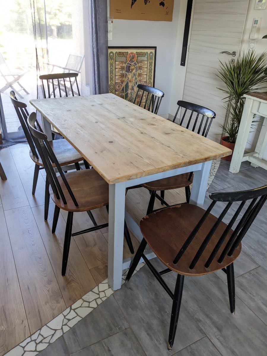 Sky Blue And Light Wood Farm Table Early 20th Century 138 Cm-photo-1