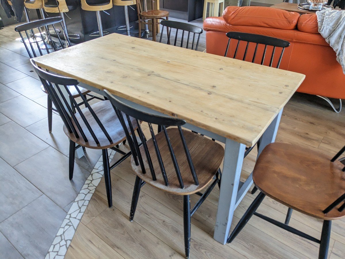 Sky Blue And Light Wood Farm Table Early 20th Century 138 Cm-photo-3