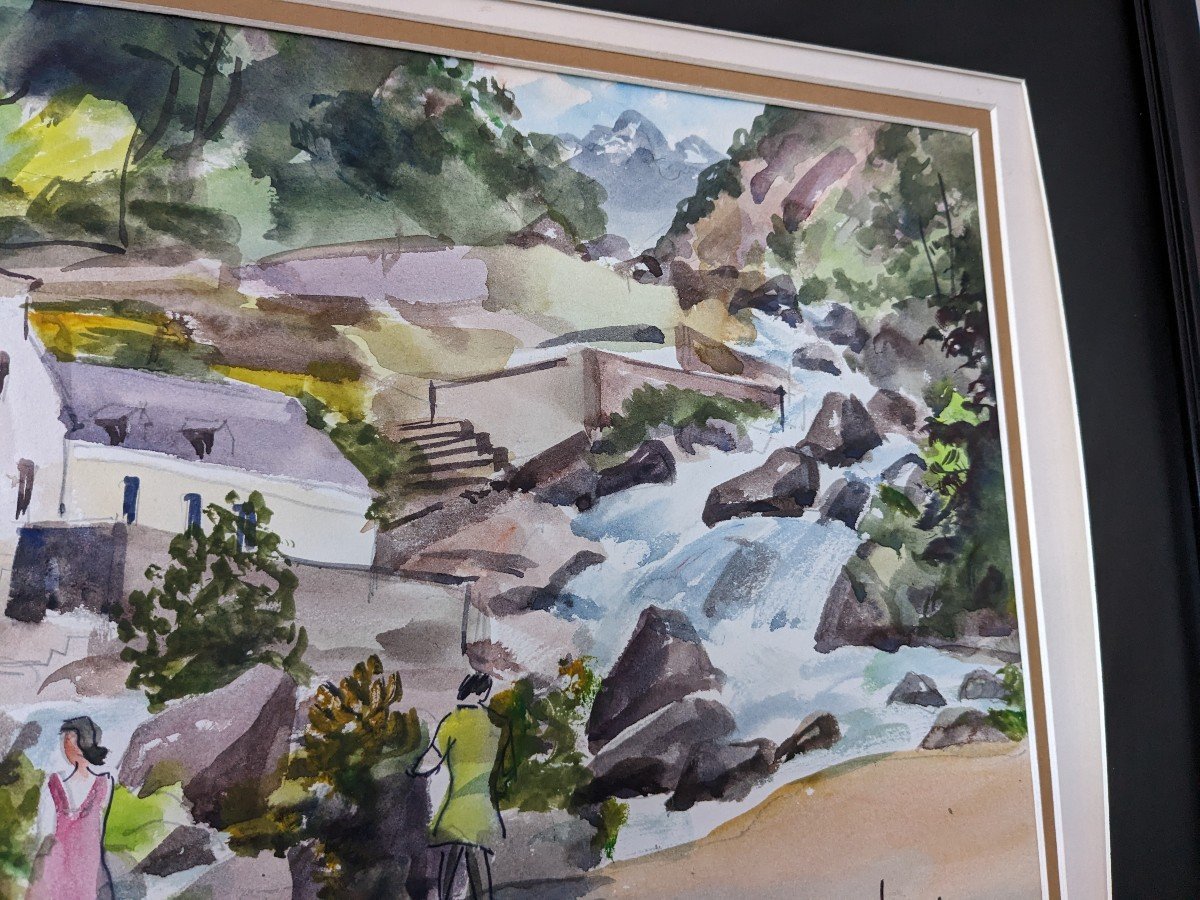 Watercolor “les Thermes De Cauterêts” By Jean Hourregue (1925-1983)-photo-4