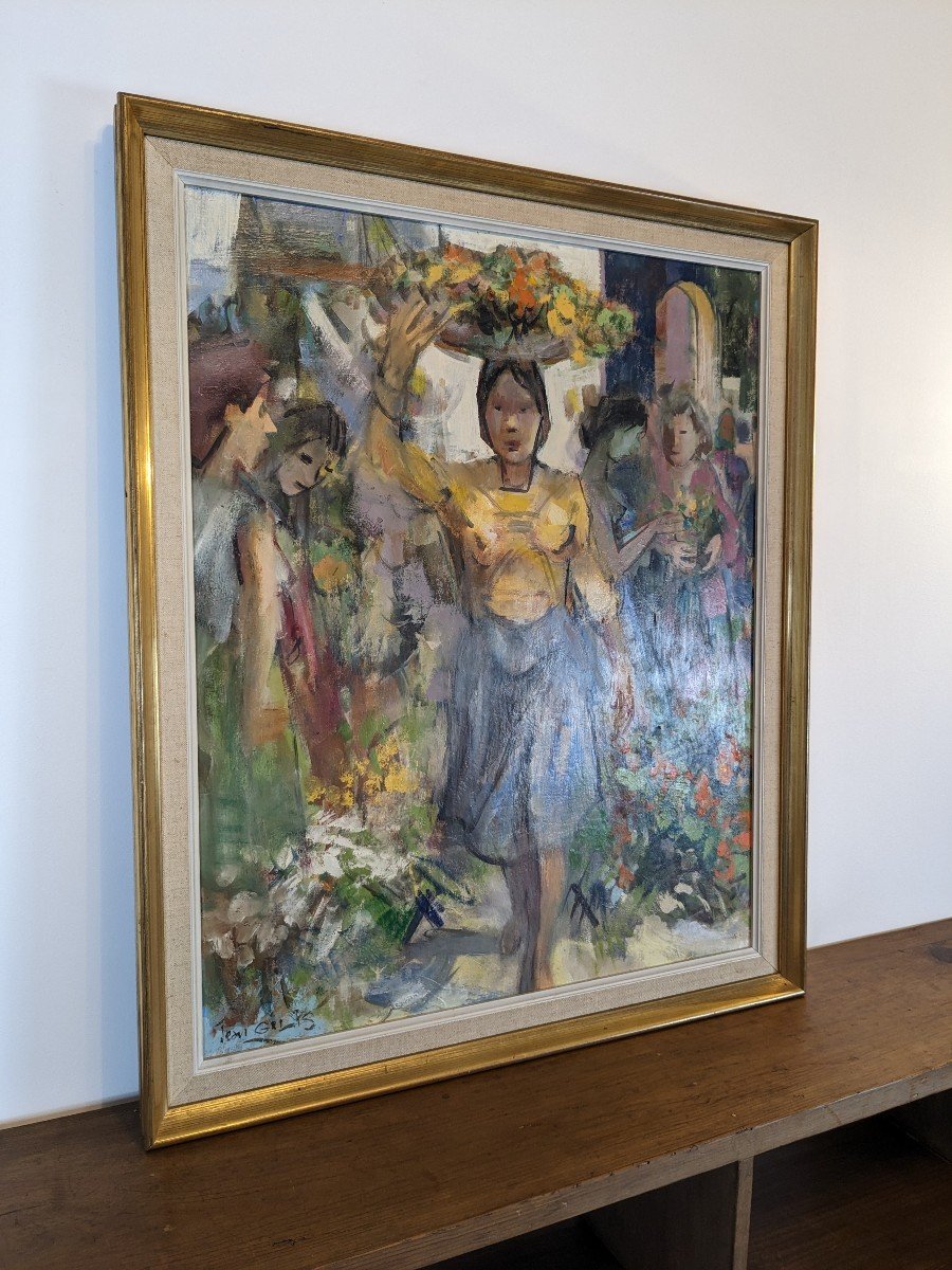 Huile Sur Panneau "marchande De Fleurs" Par Jean Gilis (1897-1990)-photo-2