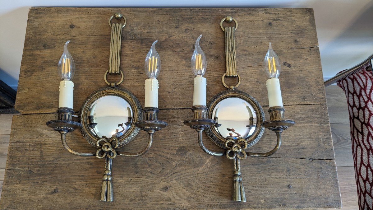 Pair Of Atelier Petitot Sconces In Gilt Bronze And Witch's Mirror-photo-2