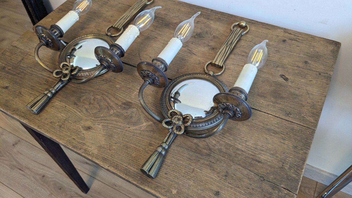 Pair Of Atelier Petitot Sconces In Gilt Bronze And Witch's Mirror-photo-3