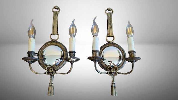 Pair Of Atelier Petitot Sconces In Gilt Bronze And Witch's Mirror