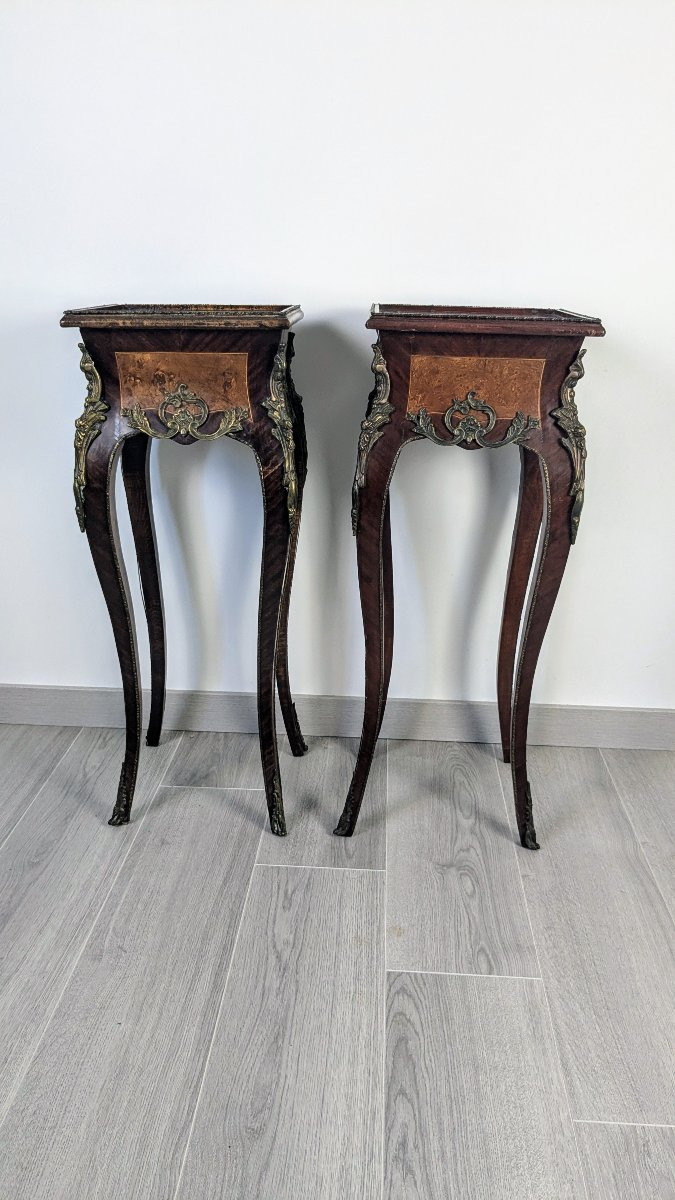 Pair Of Louis XV Style Bedside Tables In Marquetry And Gilded Bronze-photo-3