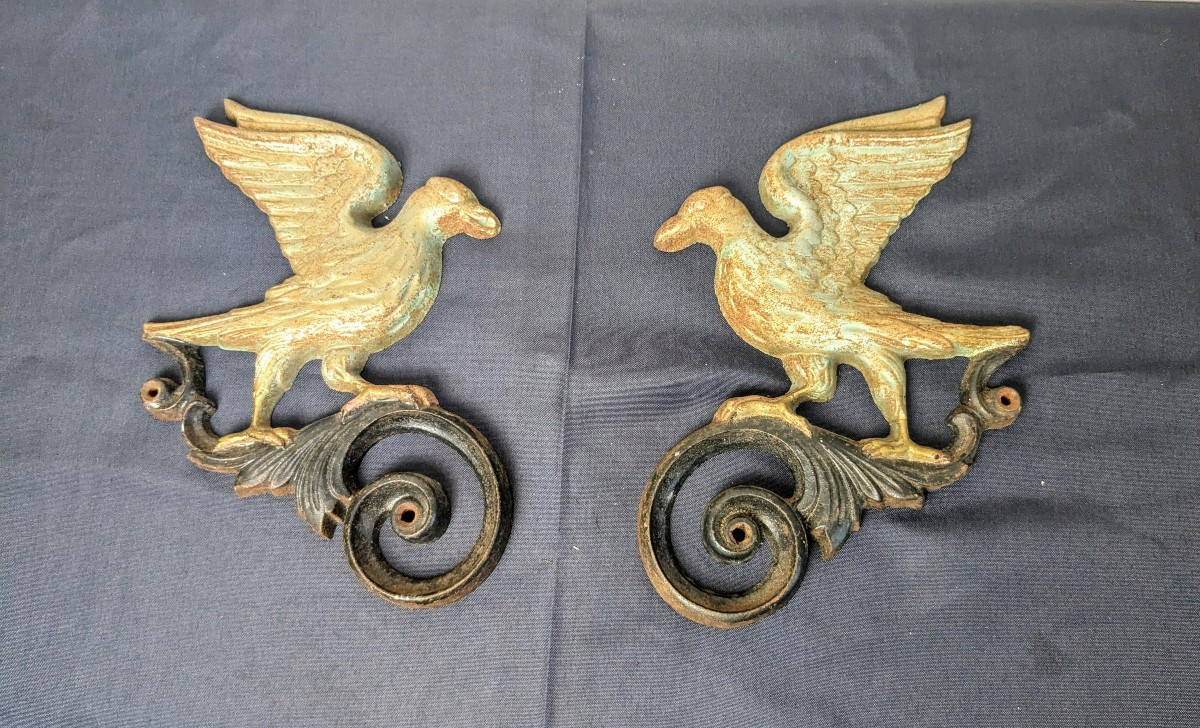 Pair Of Cast Iron Architectural Ornaments Decorated With Stylized Birds