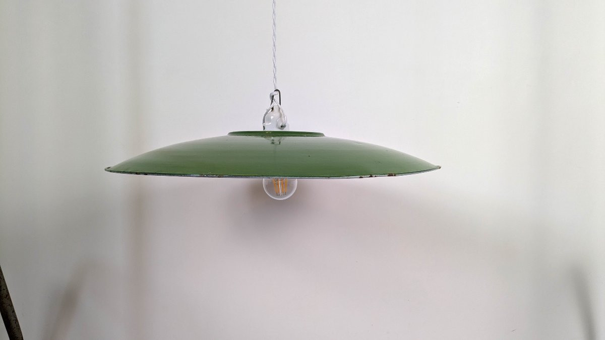 Suspension atelier industrielle verte émaillée 50 cm – Douille céramique ancienne-photo-2