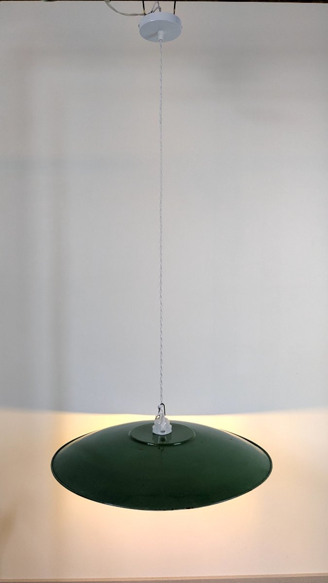 Suspension atelier industrielle verte émaillée 50 cm – Douille céramique ancienne-photo-1