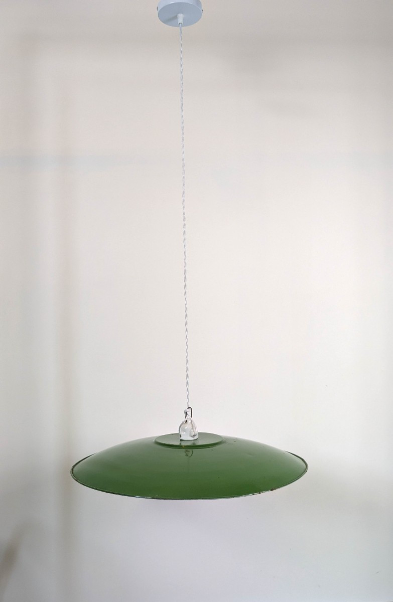 Suspension atelier industrielle verte émaillée 50 cm – Douille céramique ancienne
