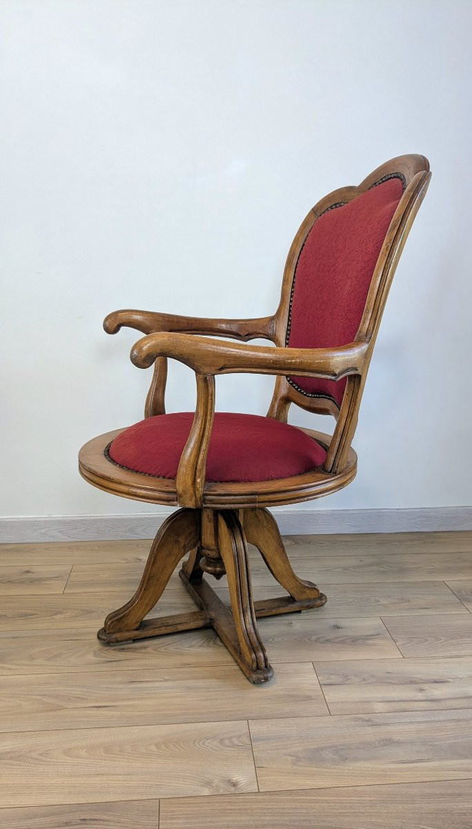 Antique Swivel Captain's Chair — Solid Oak And Period Garnet Fabric-photo-2