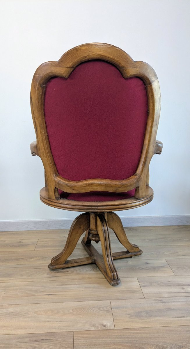 Antique Swivel Captain's Chair — Solid Oak And Period Garnet Fabric-photo-3