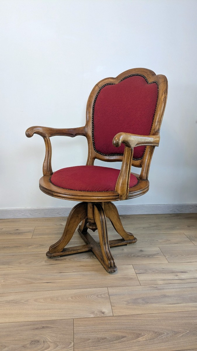 Antique Swivel Captain's Chair — Solid Oak And Period Garnet Fabric