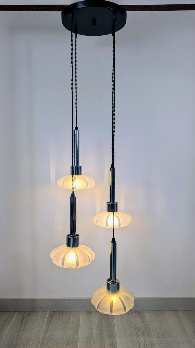 Art Deco 4-shade Glass Chandelier, Czechoslovakia Circa 1930 – 1960s Frame-photo-1
