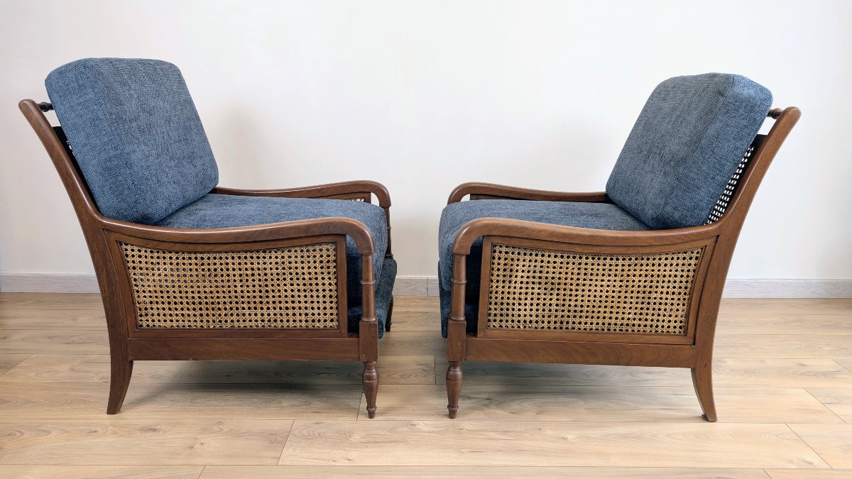 Pair Of Solid Wood Cane Armchairs – Art Deco And 1950s Transitional Style-photo-2
