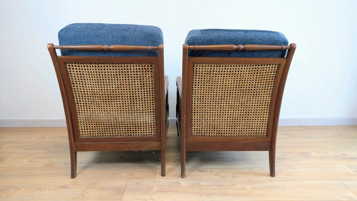 Pair Of Solid Wood Cane Armchairs – Art Deco And 1950s Transitional Style-photo-3