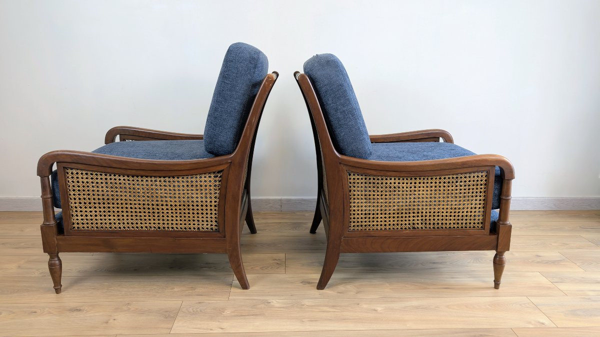 Pair Of Solid Wood Cane Armchairs – Art Deco And 1950s Transitional Style-photo-4