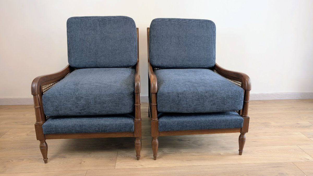 Pair Of Solid Wood Cane Armchairs – Art Deco And 1950s Transitional Style-photo-1