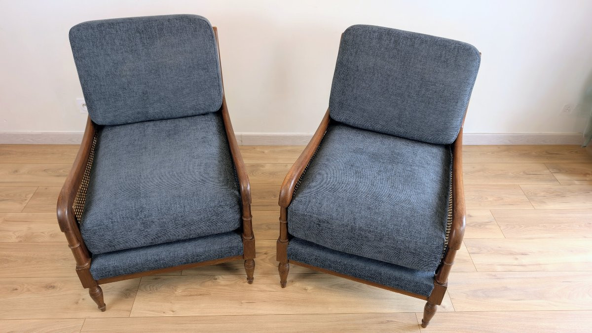 Pair Of Solid Wood Cane Armchairs – Art Deco And 1950s Transitional Style-photo-2