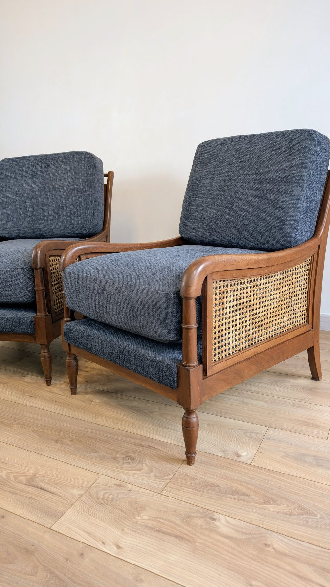 Pair Of Solid Wood Cane Armchairs – Art Deco And 1950s Transitional Style-photo-3