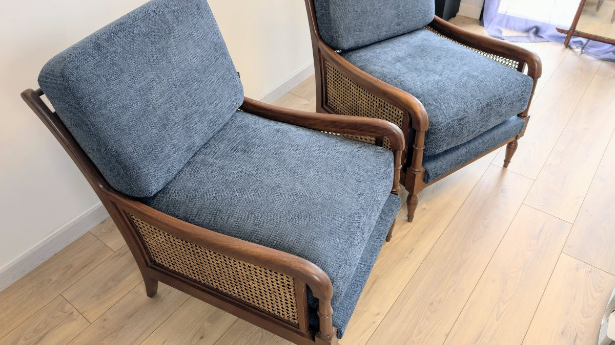 Pair Of Solid Wood Cane Armchairs – Art Deco And 1950s Transitional Style-photo-4
