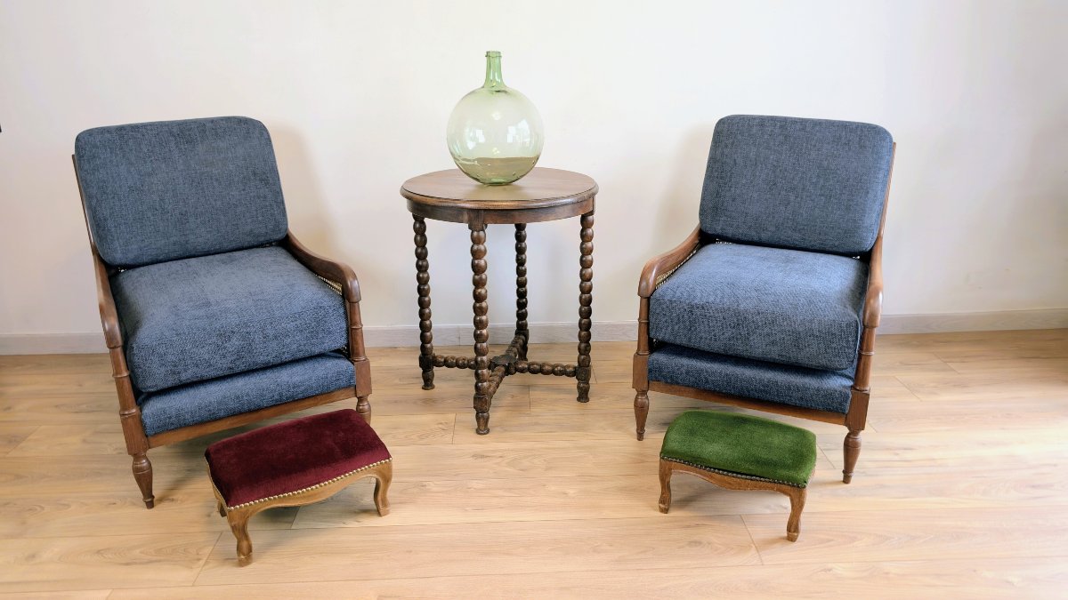 Pair Of Solid Wood Cane Armchairs – Art Deco And 1950s Transitional Style-photo-5
